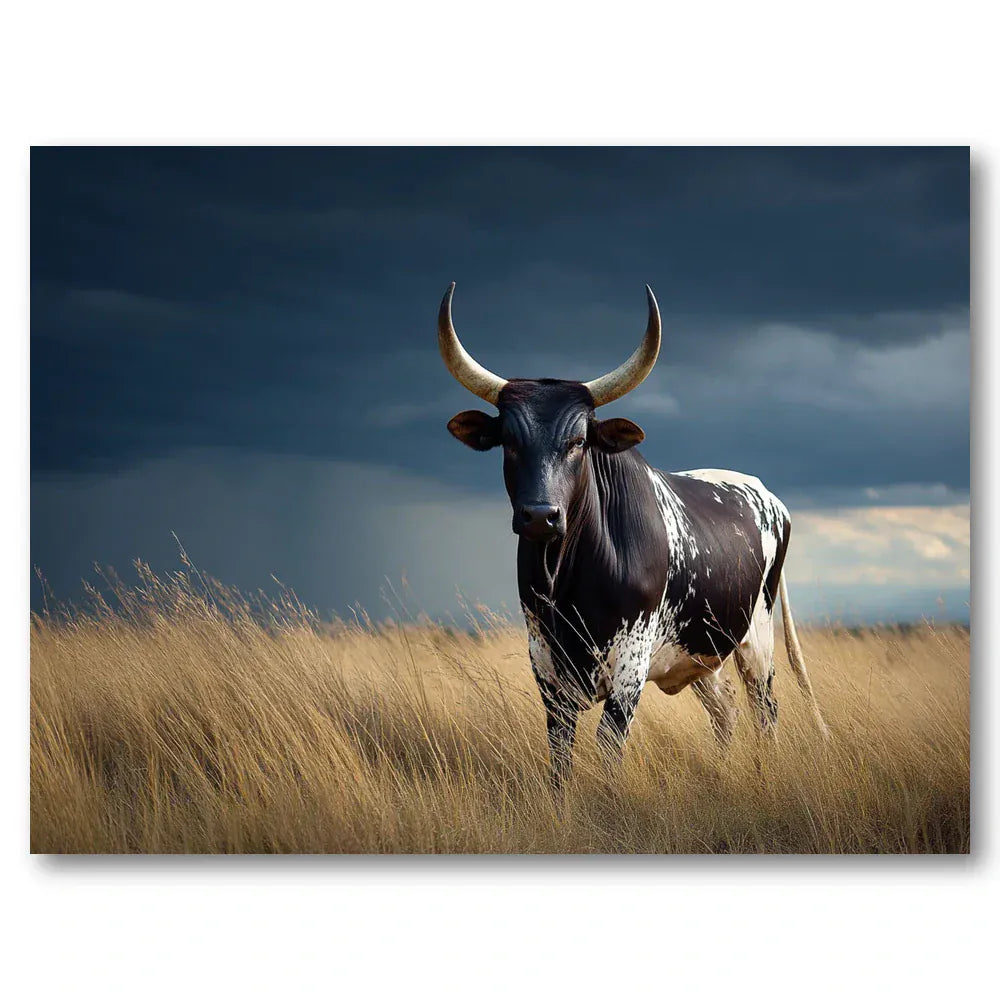 Nguni Bull in Stormy Grassland Art Print