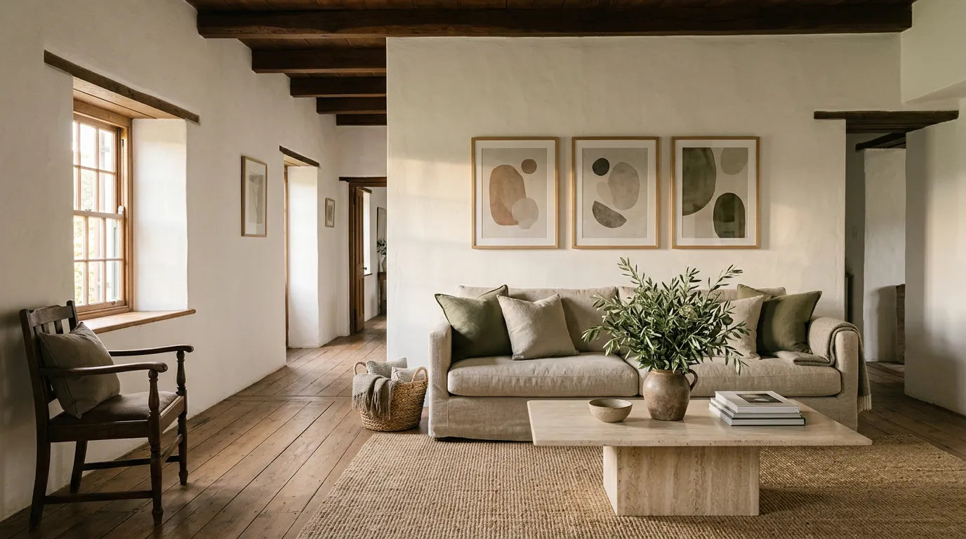 Contemporary Cape Winelands living-room interior with a gallery wall of framed art prints