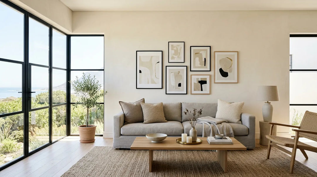 A light-filled contemporary Cape Town living room with a coastal view and a gallery wall of framed art prints