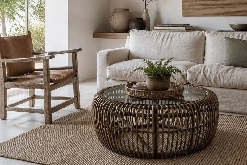 Spoke Rattan Coffee Table with Glass Top styled with a fern on a woven tray, in front of a linen sofa