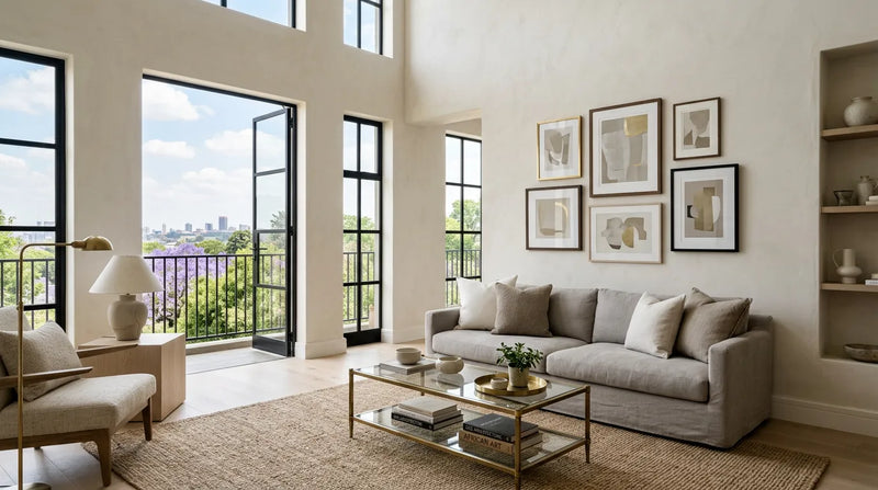 A light-filled contemporary Johannesburg apartment with a jacaranda and city-skyline view and a gallery wall of framed art prints