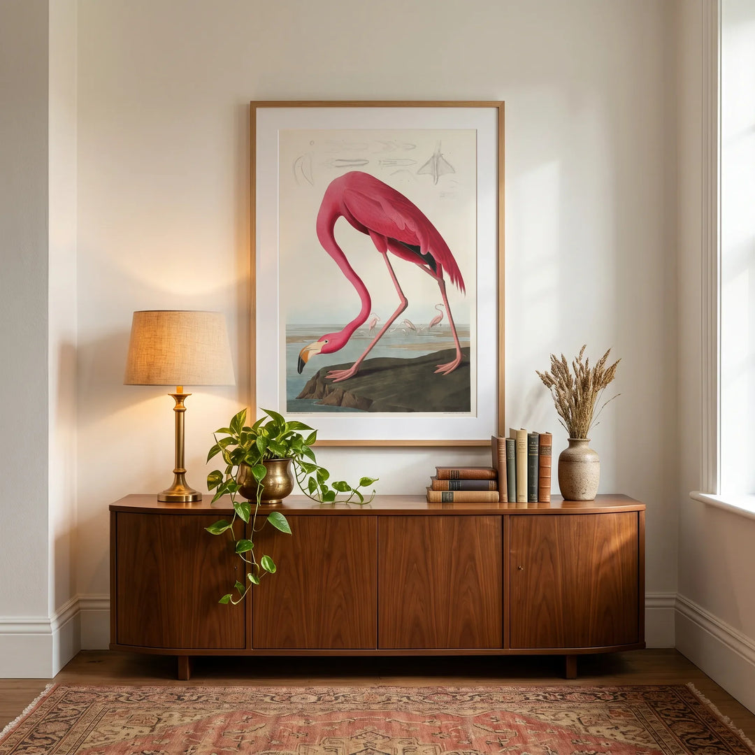 Audubon Pink Flamingo vintage botanical print above walnut credenza in eclectic English country living room