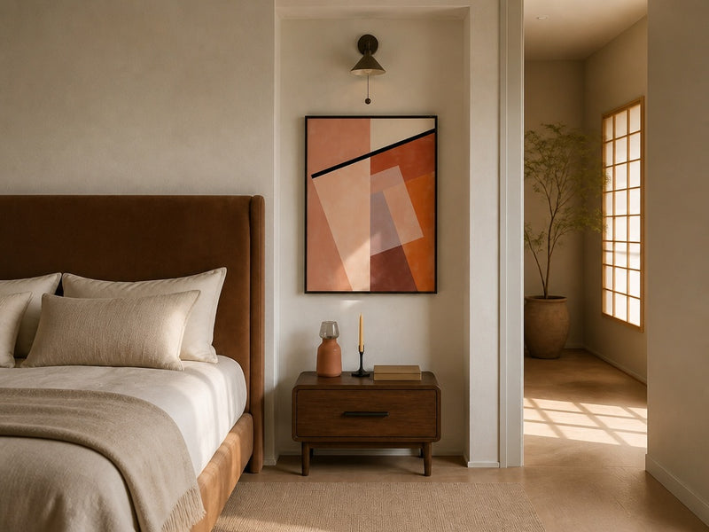 Terracotta Geometric Overlap art print above a walnut nightstand in a warm earthy bedroom with a tan leather headboard
