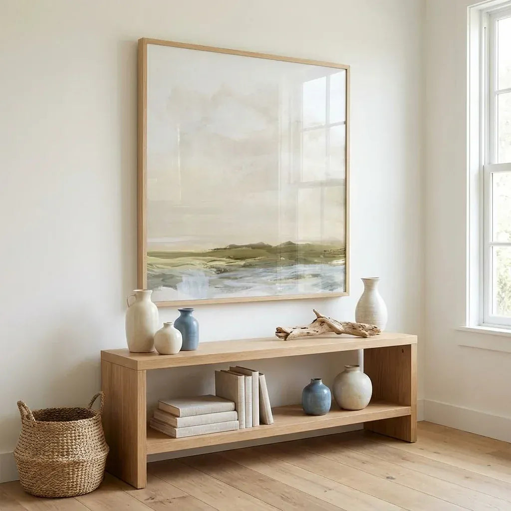 Soft neutral abstract landscape in a light oak frame above a styled oak console table in a bright living room