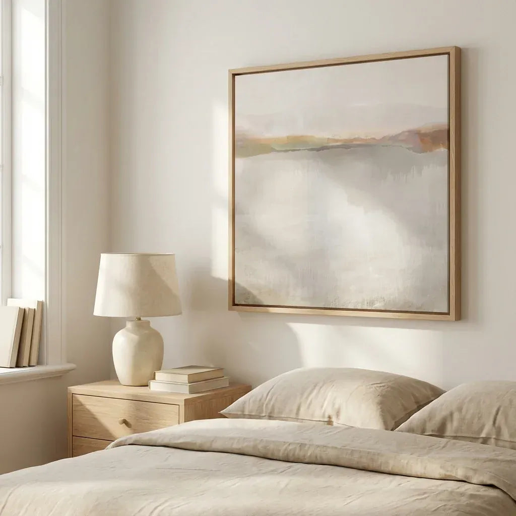 Soft grey and blush tonal abstract in a light oak frame above a bed dressed in natural linen, with an oak nightstand and pale lamp