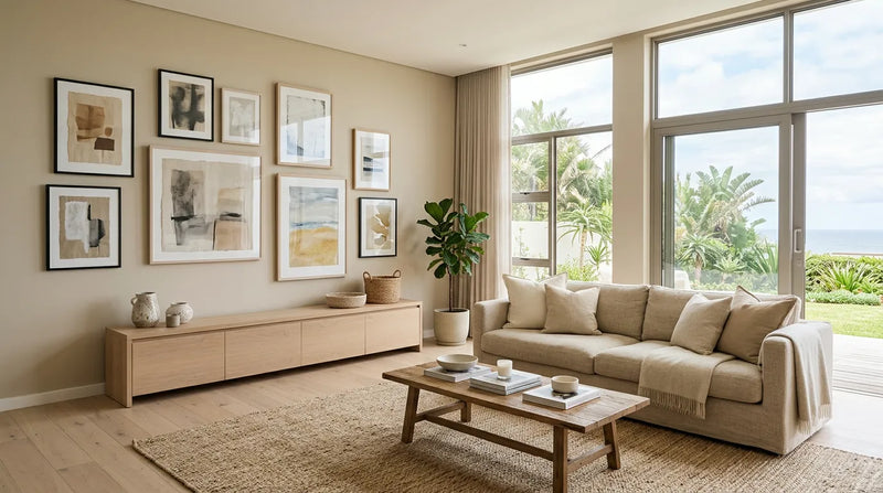A light-filled contemporary Durban coastal living room with a gallery wall of framed abstract art prints