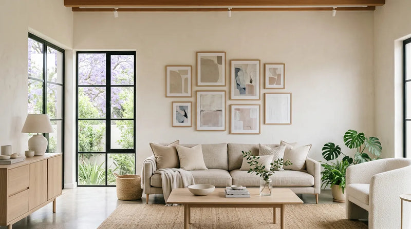 A light-filled contemporary Pretoria living room with jacaranda blossom outside and a gallery wall of framed abstract art prints