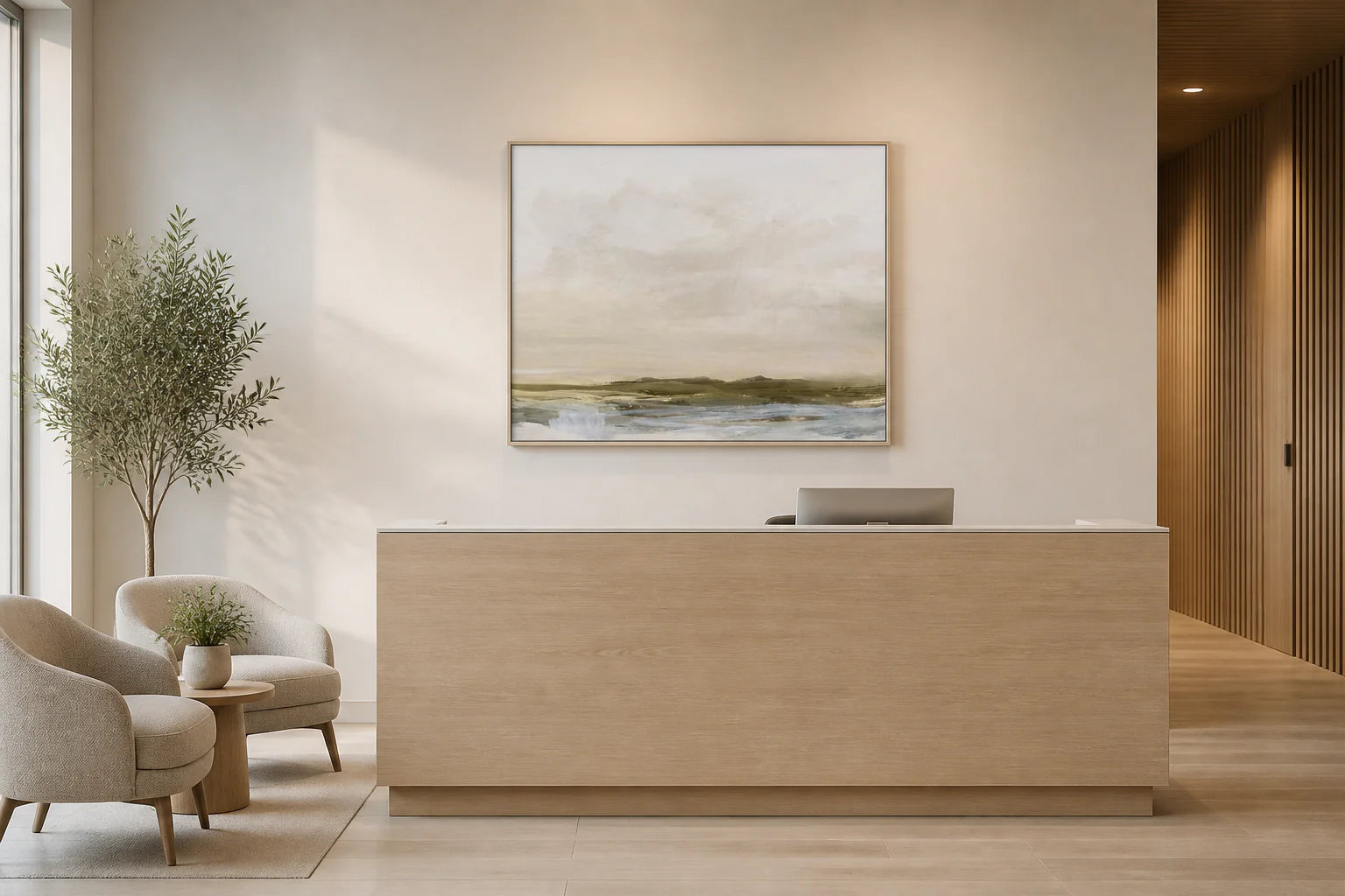 Soft coastal landscape art print framed in oak, centred above a light-oak office reception desk in a calm office reception