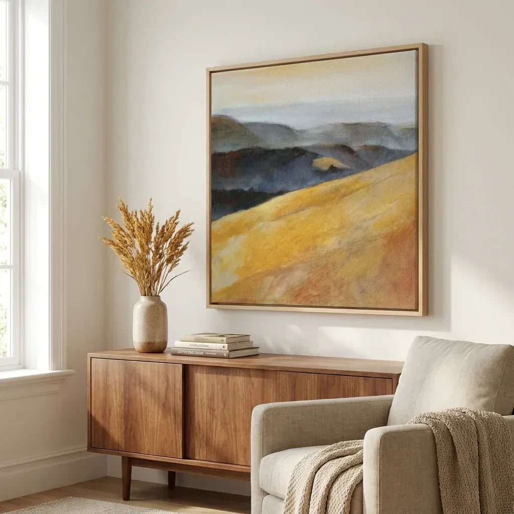 Warm golden ochre ridge landscape in a light wood frame hung above a mid-century walnut dining sideboard styled with a pampas vase and books