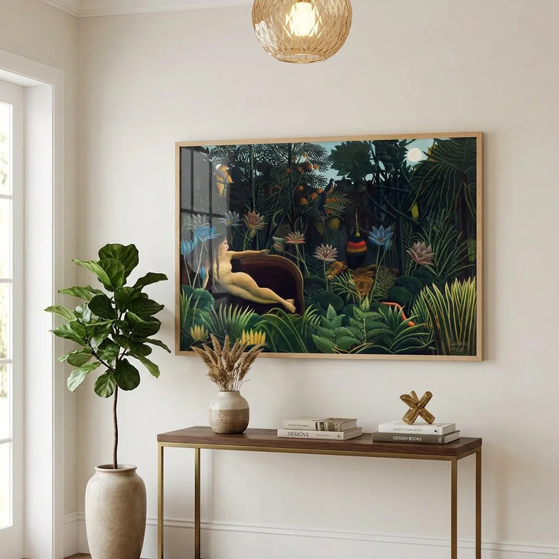 Henri Rousseau's The Dream — a reclining nude amid a moonlit jungle of lotus, foliage and lions, framed above a console table
