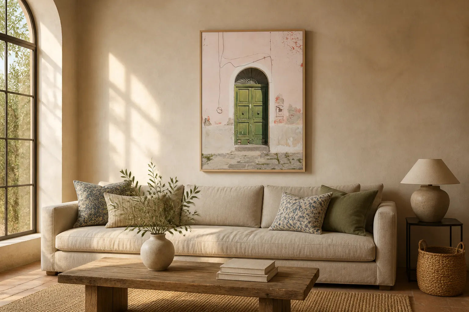 Framed art print of a weathered green door in a pink Mediterranean wall, hung above an oat linen sofa in a sun-washed living room with limewashed walls, raw timber coffee table and olive branch in a stoneware vase