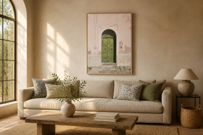 Framed art print of a weathered green door in a pink Mediterranean wall, hung above an oat linen sofa in a sun-washed living room with limewashed walls, raw timber coffee table and olive branch in a stoneware vase
