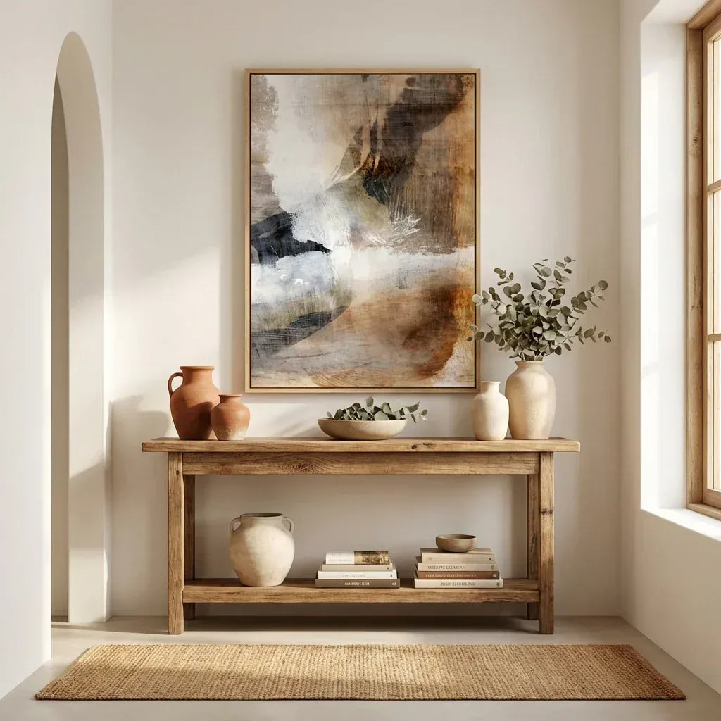 Warm and earthy abstract print in a softly-lit interior