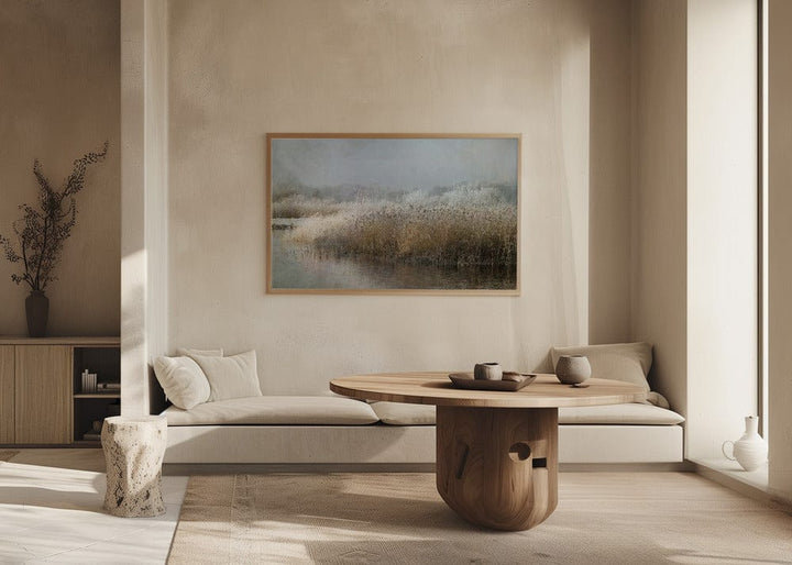 Mist over Marshes Mounted Canvas + Light Oak Look Floater Frame