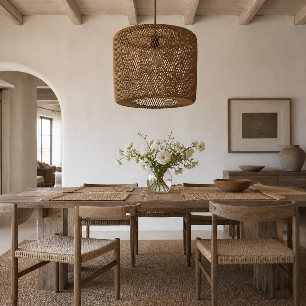 Drum Rattan Pendant Light styled in a room