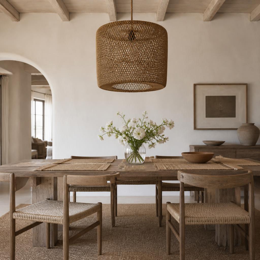 Drum Rattan Pendant Light shown in a styled room
