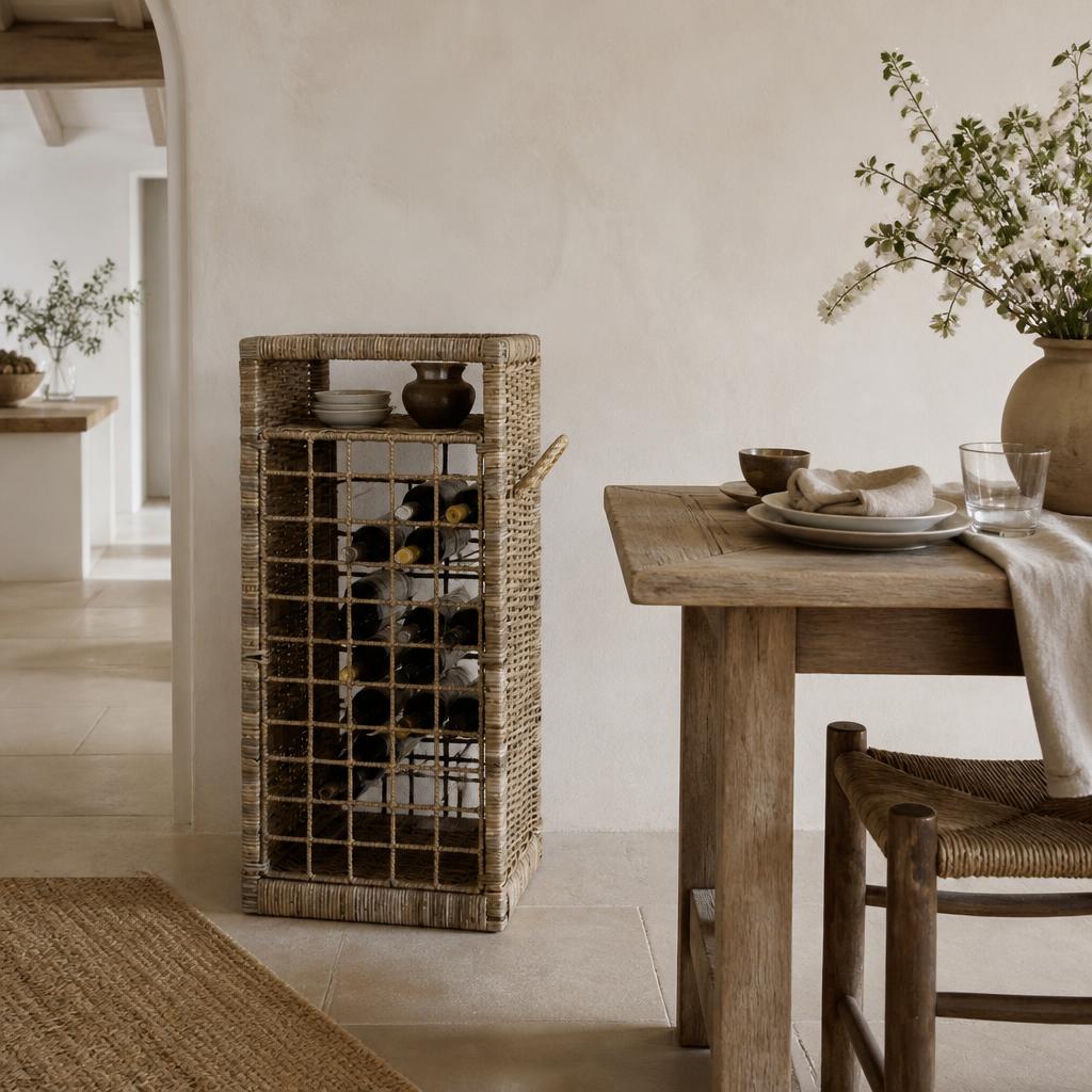 Rattan Wine Rack shown in a styled room