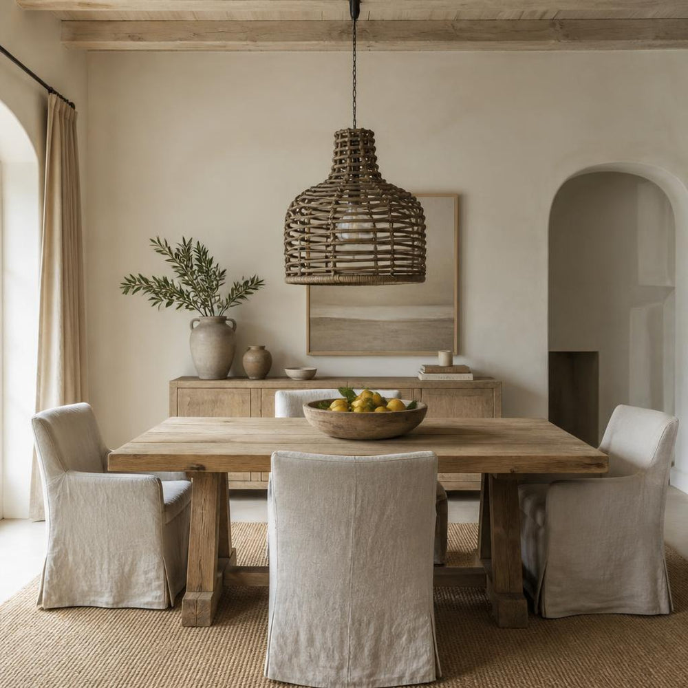 Weathered Rattan Bell Pendant Light styled in a room