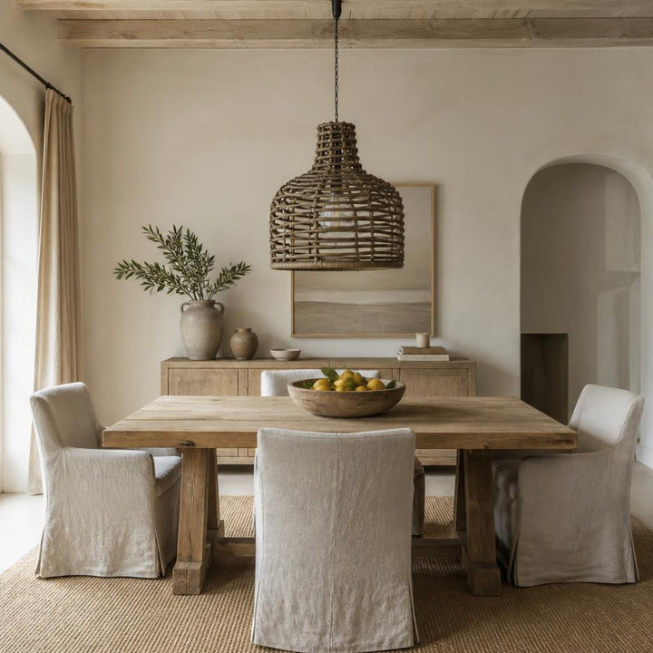 Weathered Rattan Bell Pendant Light styled in a room