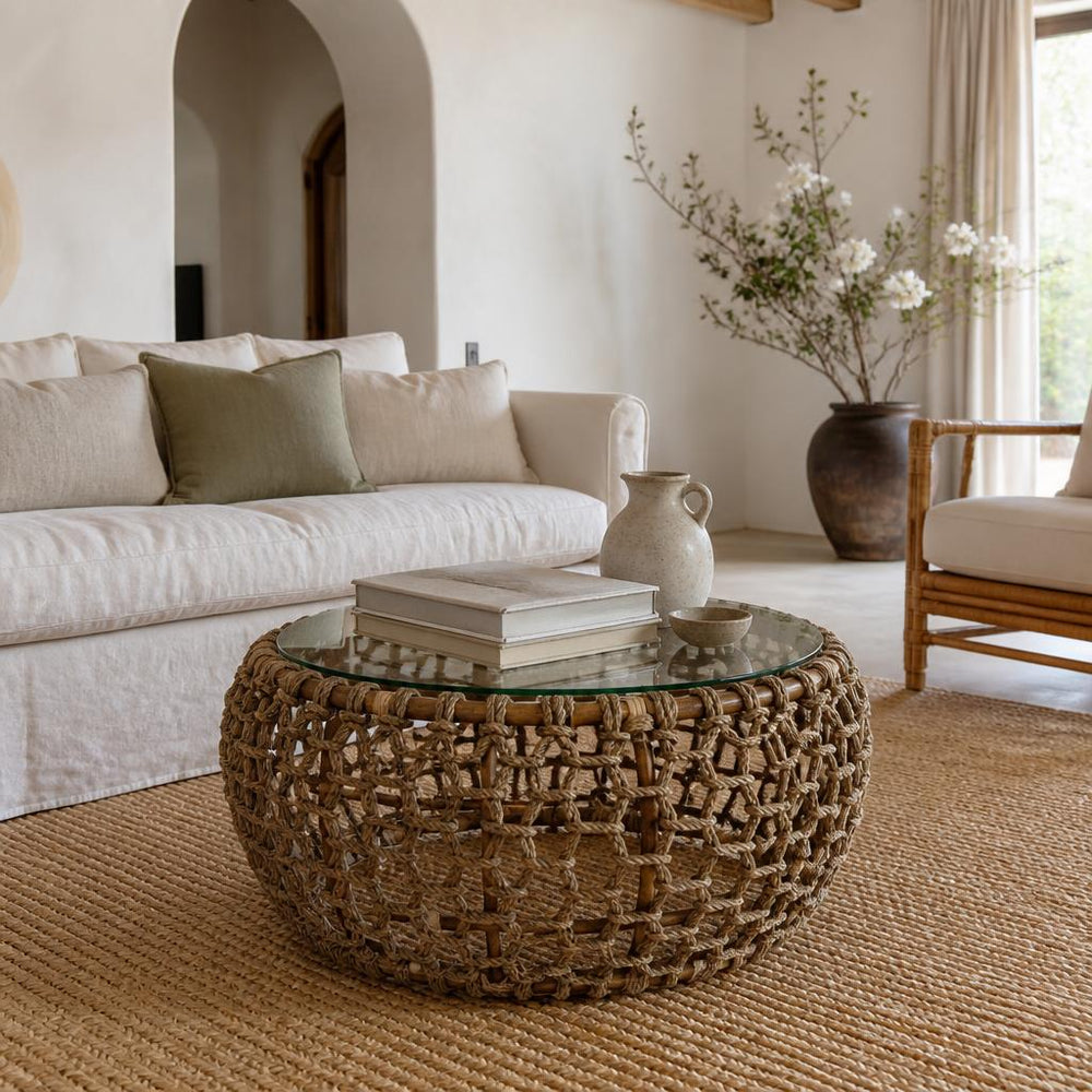 Honeycomb Rattan & Rope Coffee Table styled in a room