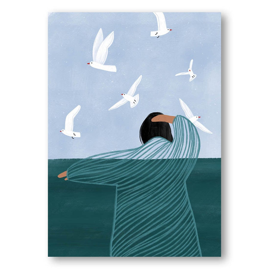 Seaside Serenity Figure Gazing at Flying Seabirds Art Print