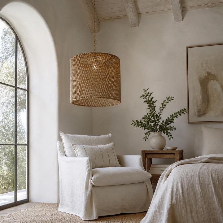 Drum Rattan Pendant Light styled in a room