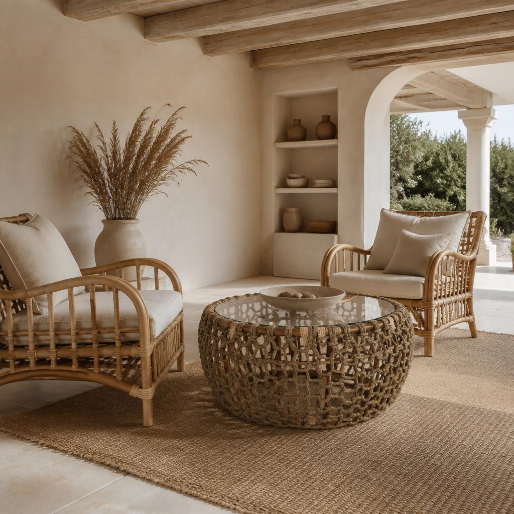 Honeycomb Rattan & Rope Coffee Table styled in a room
