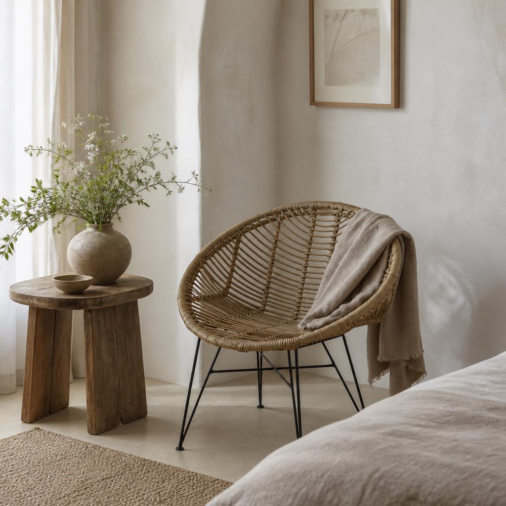 Round Rattan Chair on Metal Legs styled in a room