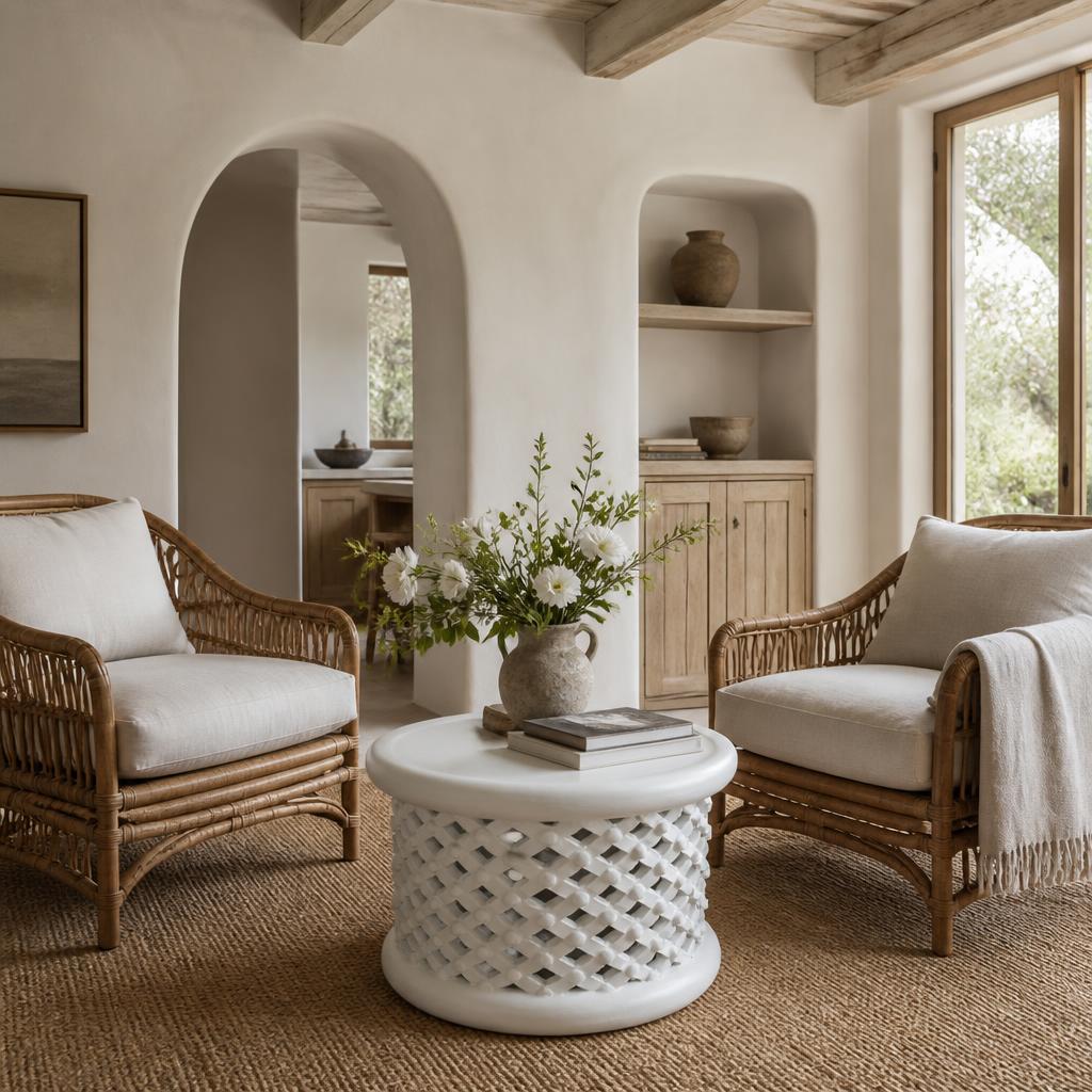 White Bamileke Stool, Ø60 × H40 cm between two cane armchairs