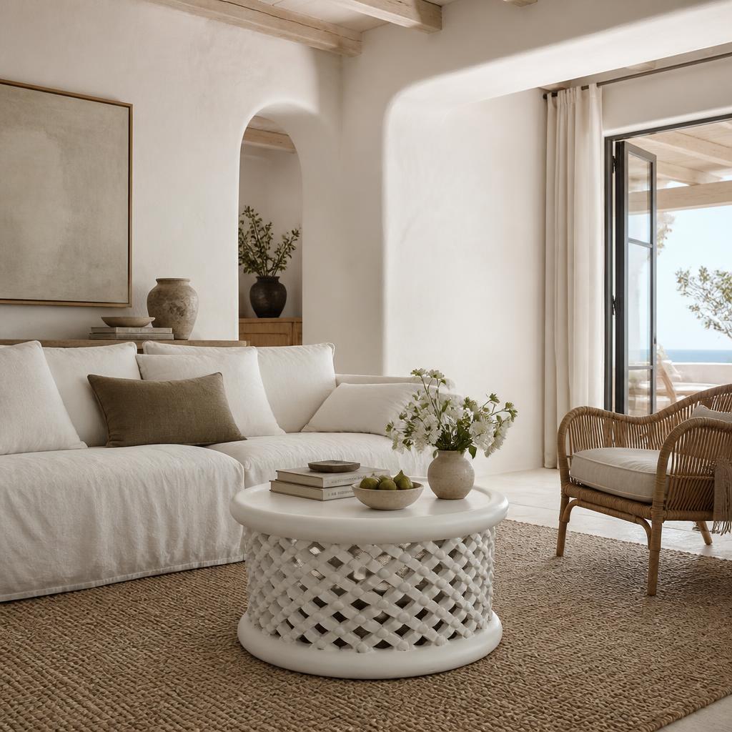 White Bamileke Stool, Ø80 × H40 cm as a coffee table in an airy coastal living room