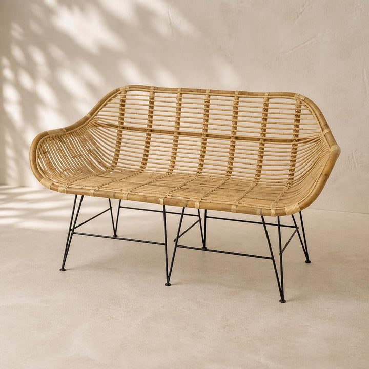 Square-Weave Rattan Two-Seater Bench, studio view