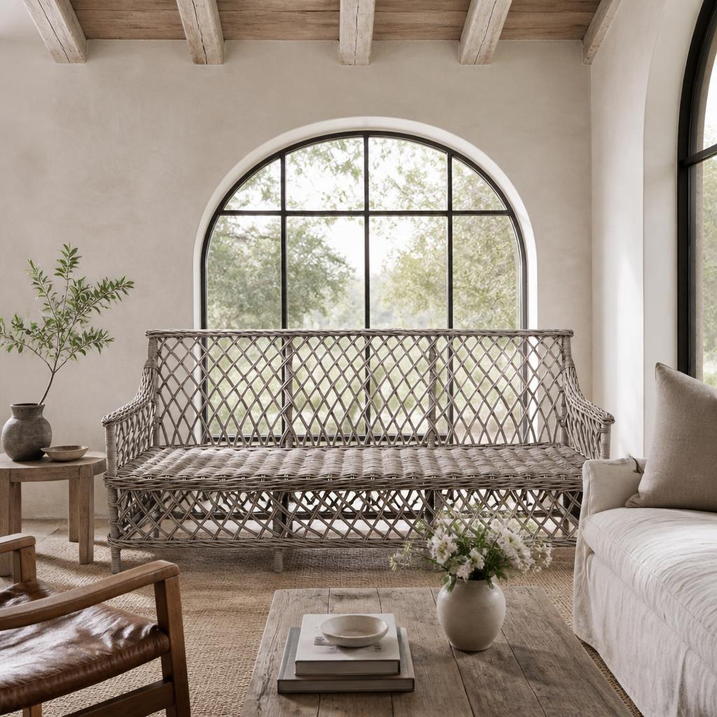 Lattice Rattan Three-Seater Sofa styled in a room
