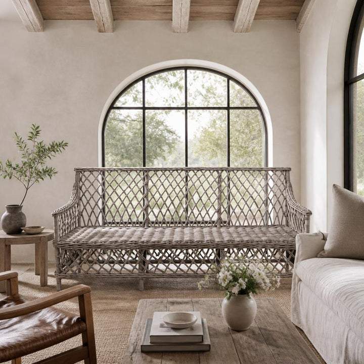 Lattice Rattan Three-Seater Sofa styled in a room
