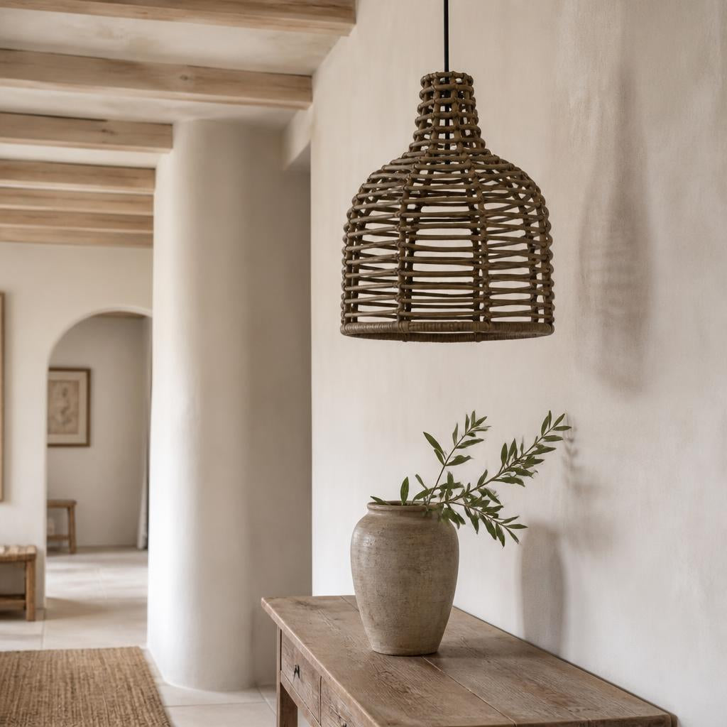 Weathered Rattan Bell Pendant Light styled in a room