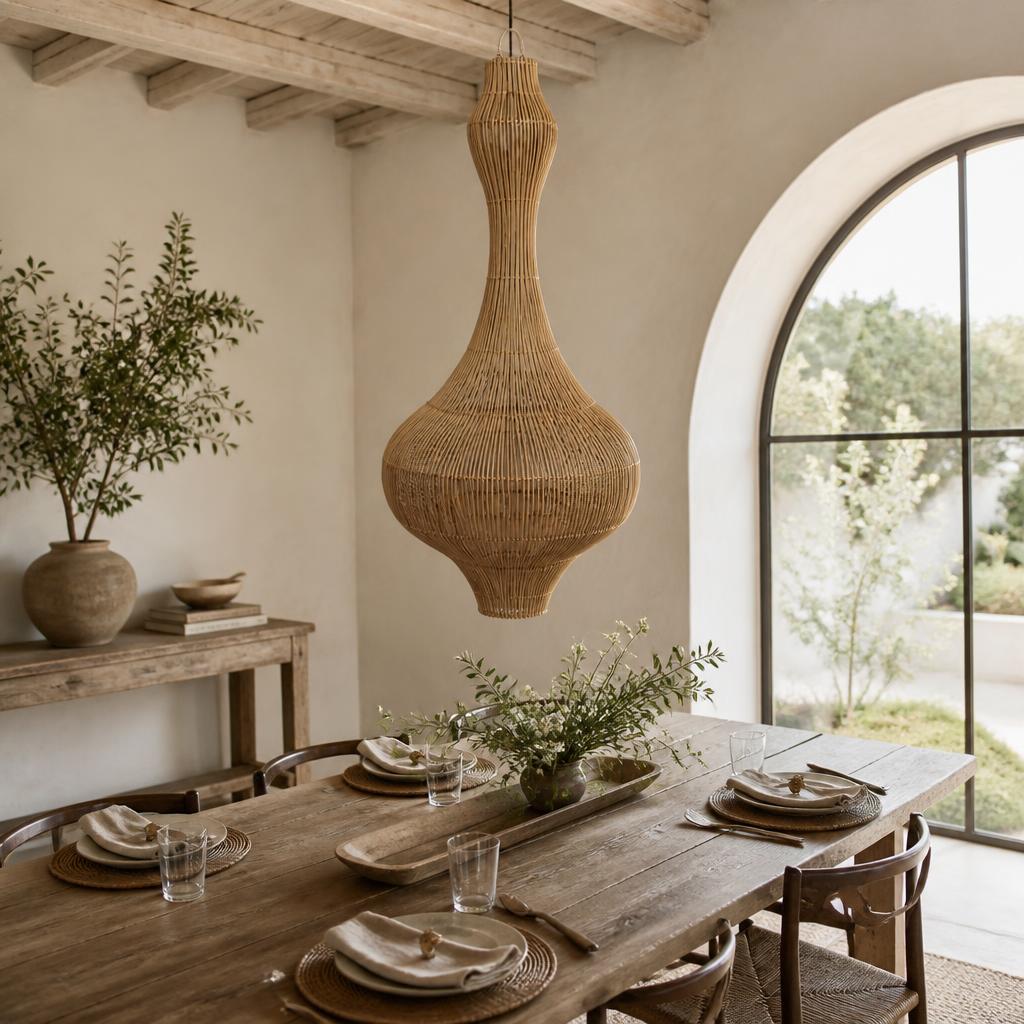 Pendulum Rattan Pendant Light styled in a room