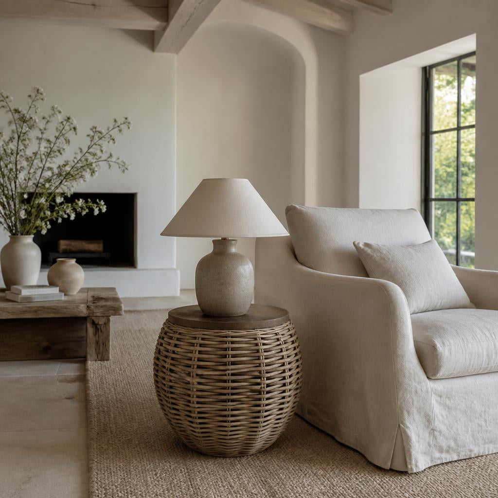 Rattan Side Table with Wood Top shown in a styled room