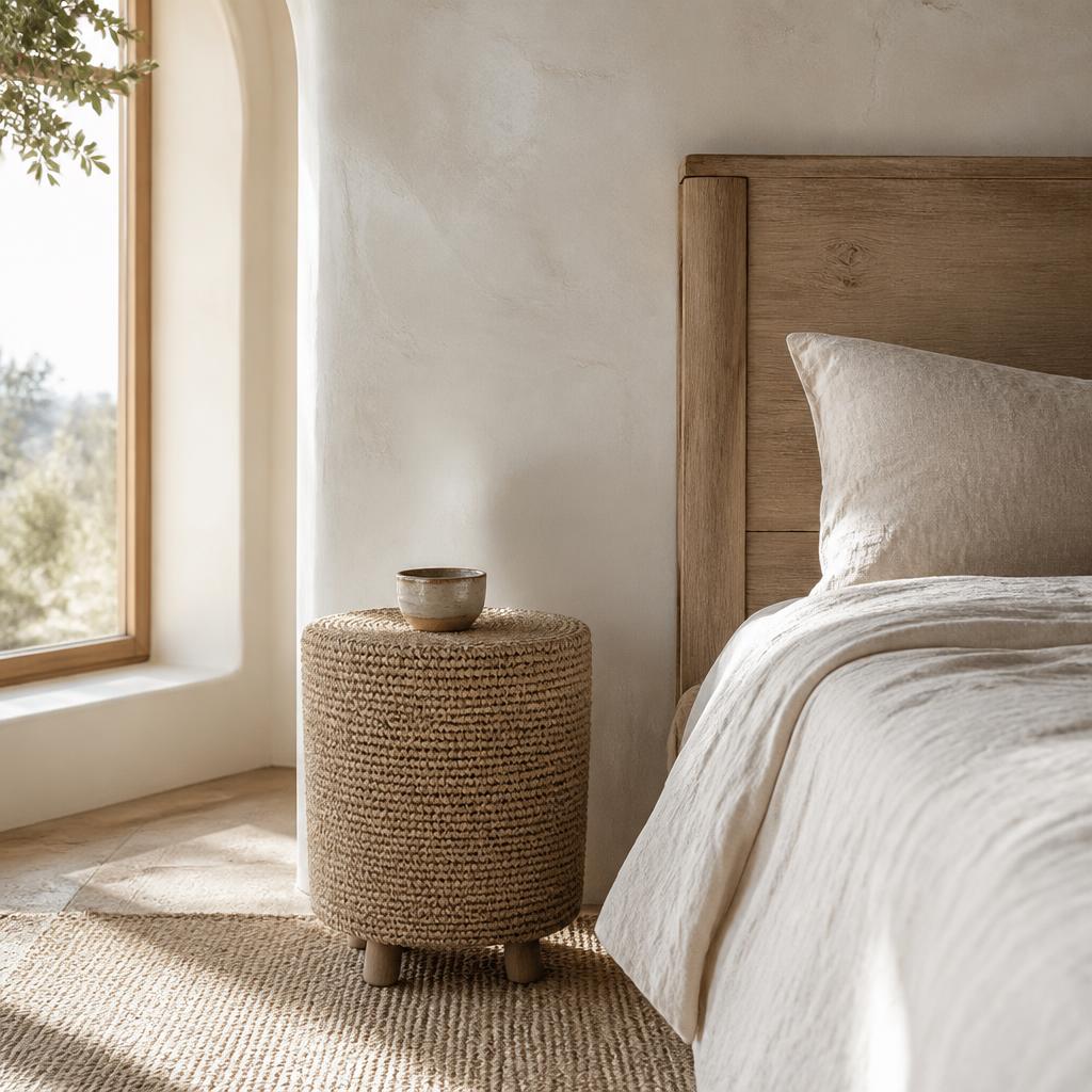 Raffia Drum Stool styled in a room