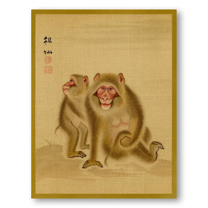 Baby Monkey & Mother Vintage Japanese Art Print