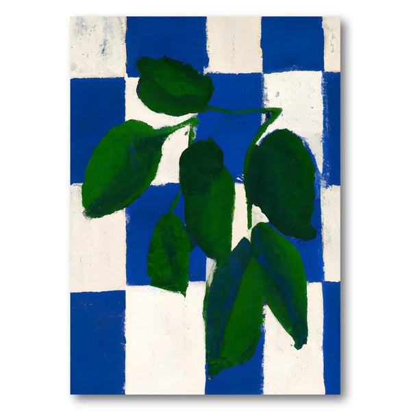 Green Leaves on Checkered Blue Art Print