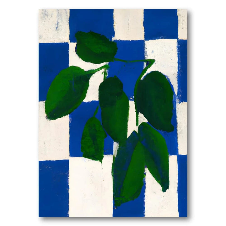 Green Leaves on Checkered Blue Art Print