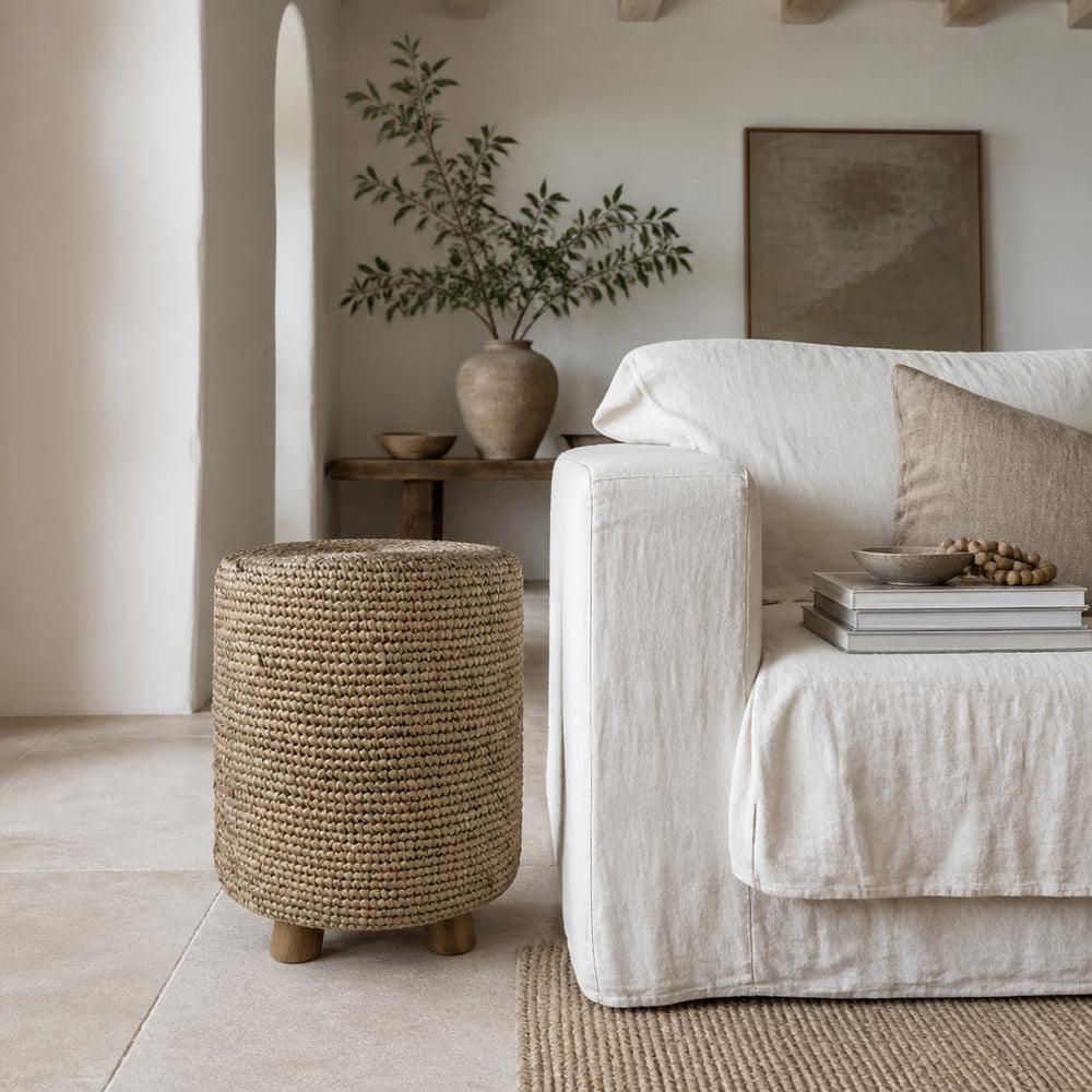 Raffia Drum Stool styled in a room