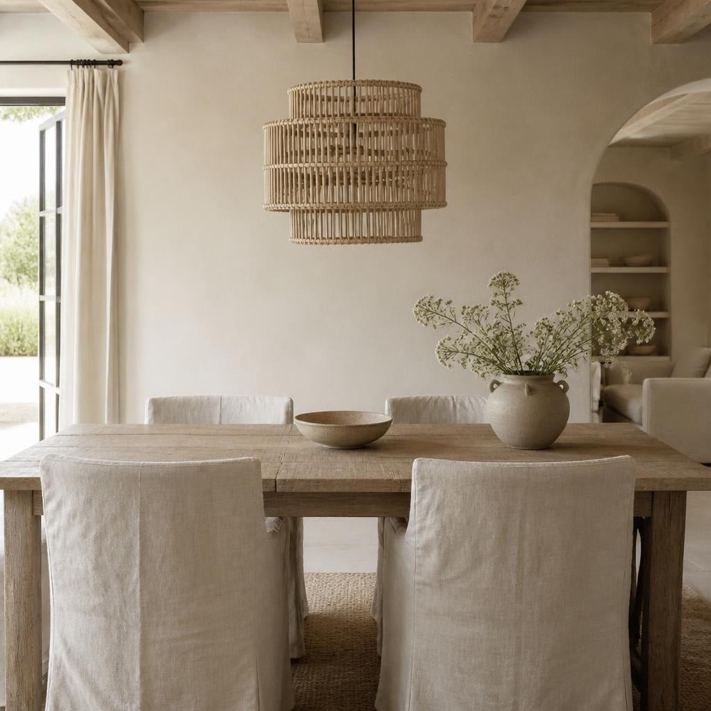Three-Tier Rattan Pendant Light shown in a styled room