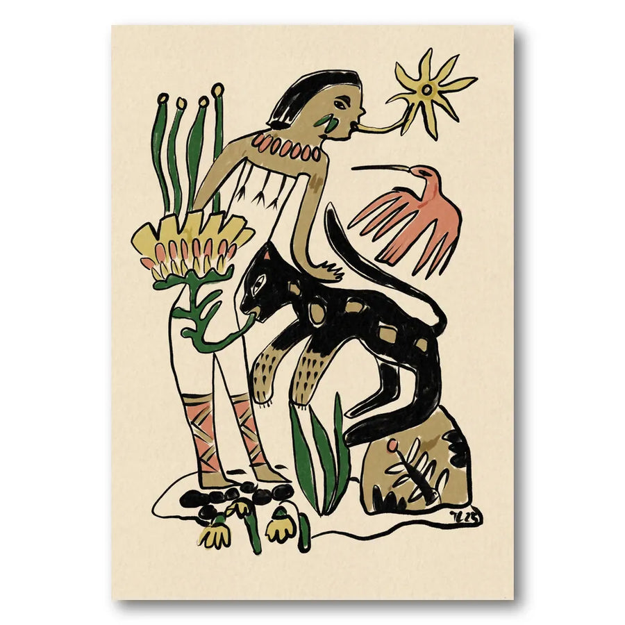 Folk Figure and Panther Art Print