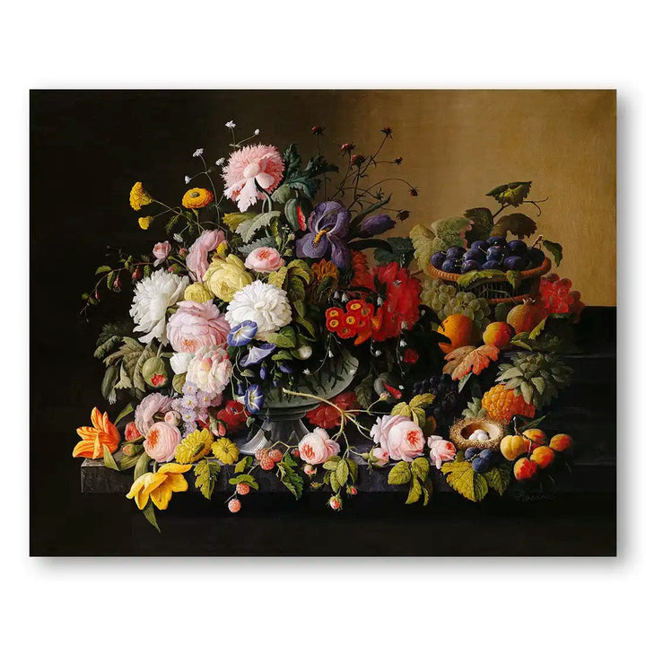 Fruit & Flowers by Severin Roesen Still Life Art Print (Landscape)