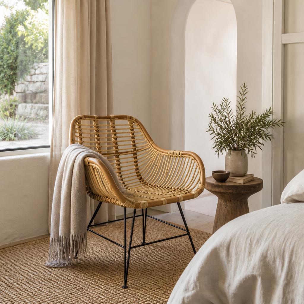 Square-Weave Rattan Chair styled in a room