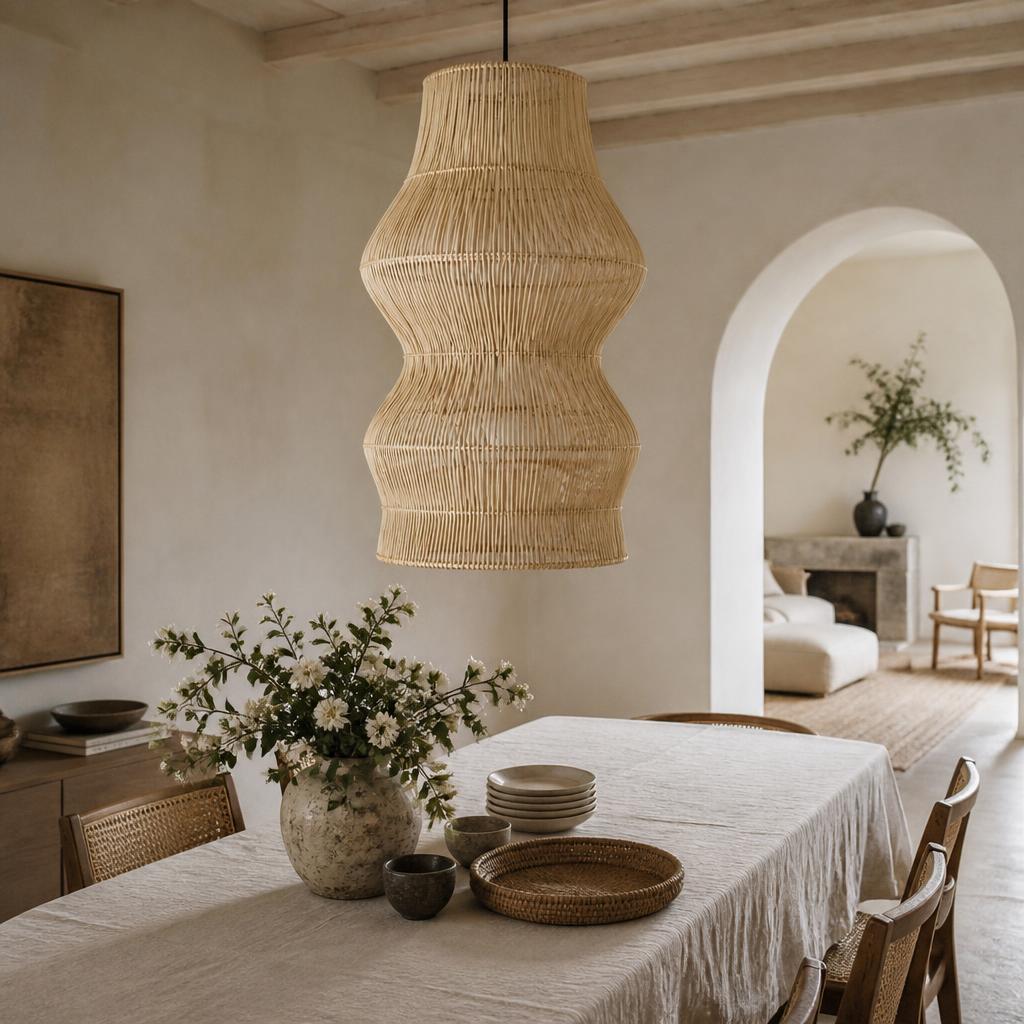 Double Sock Rattan Pendant Light styled in a room