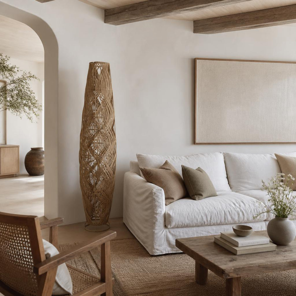 Ellipse Rattan Floor Lamp styled in a room