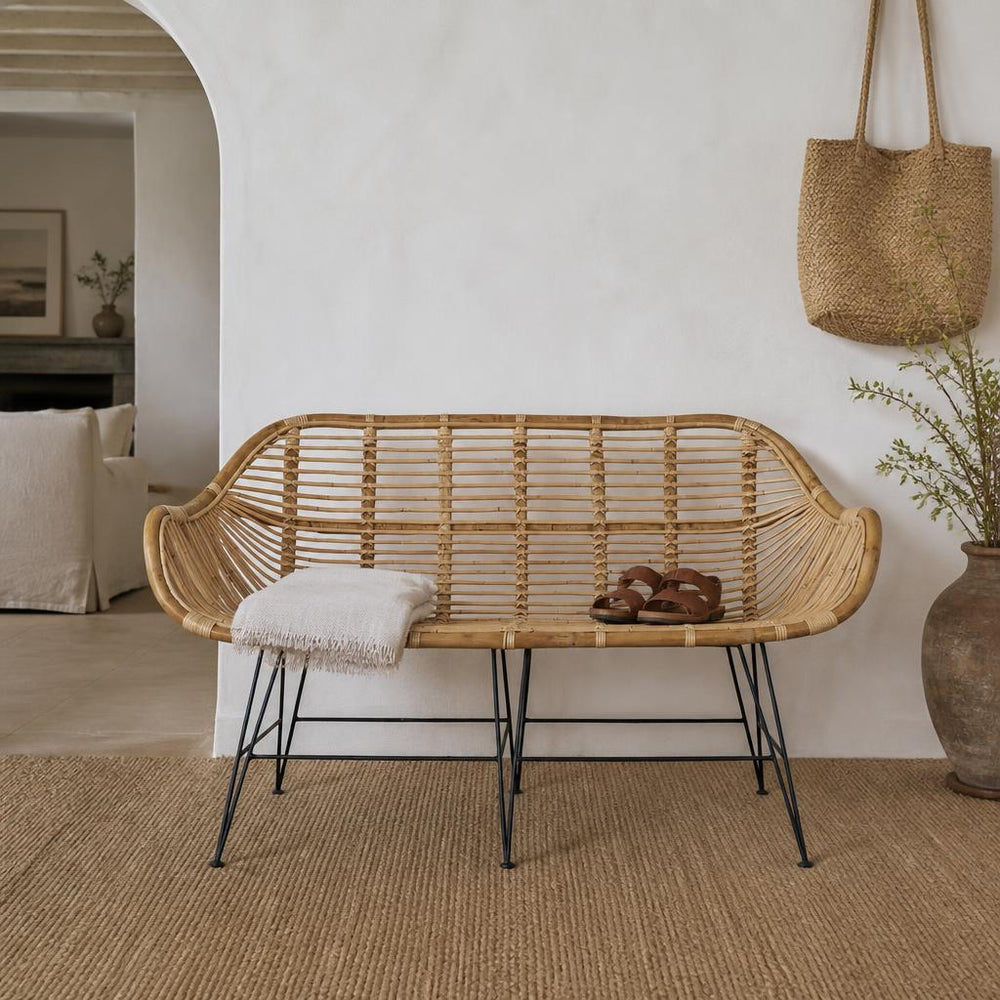 Square-Weave Rattan Two-Seater Bench styled in a room