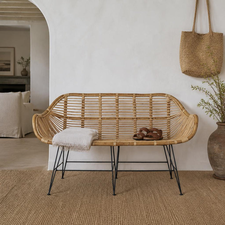 Square-Weave Rattan Two-Seater Bench styled in a room