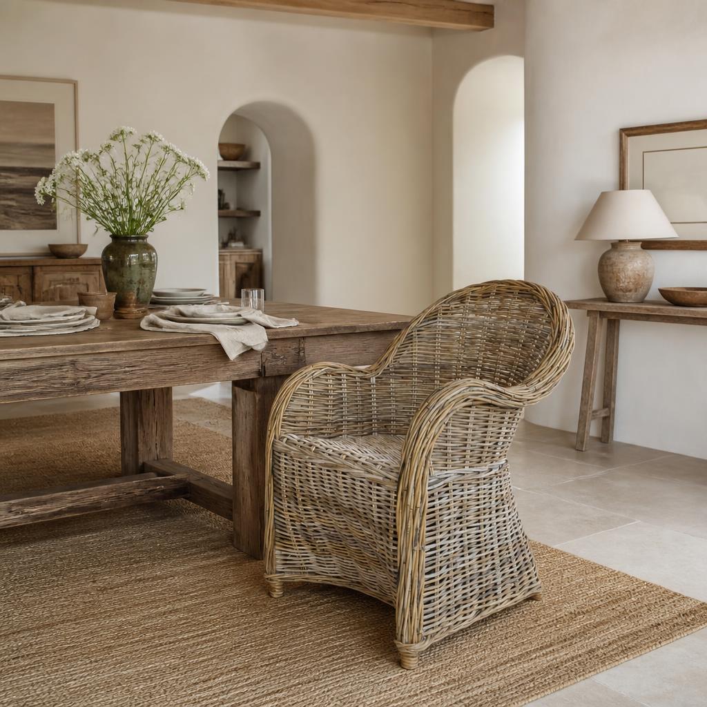 Rattan Dining Chair with Arms styled in a room